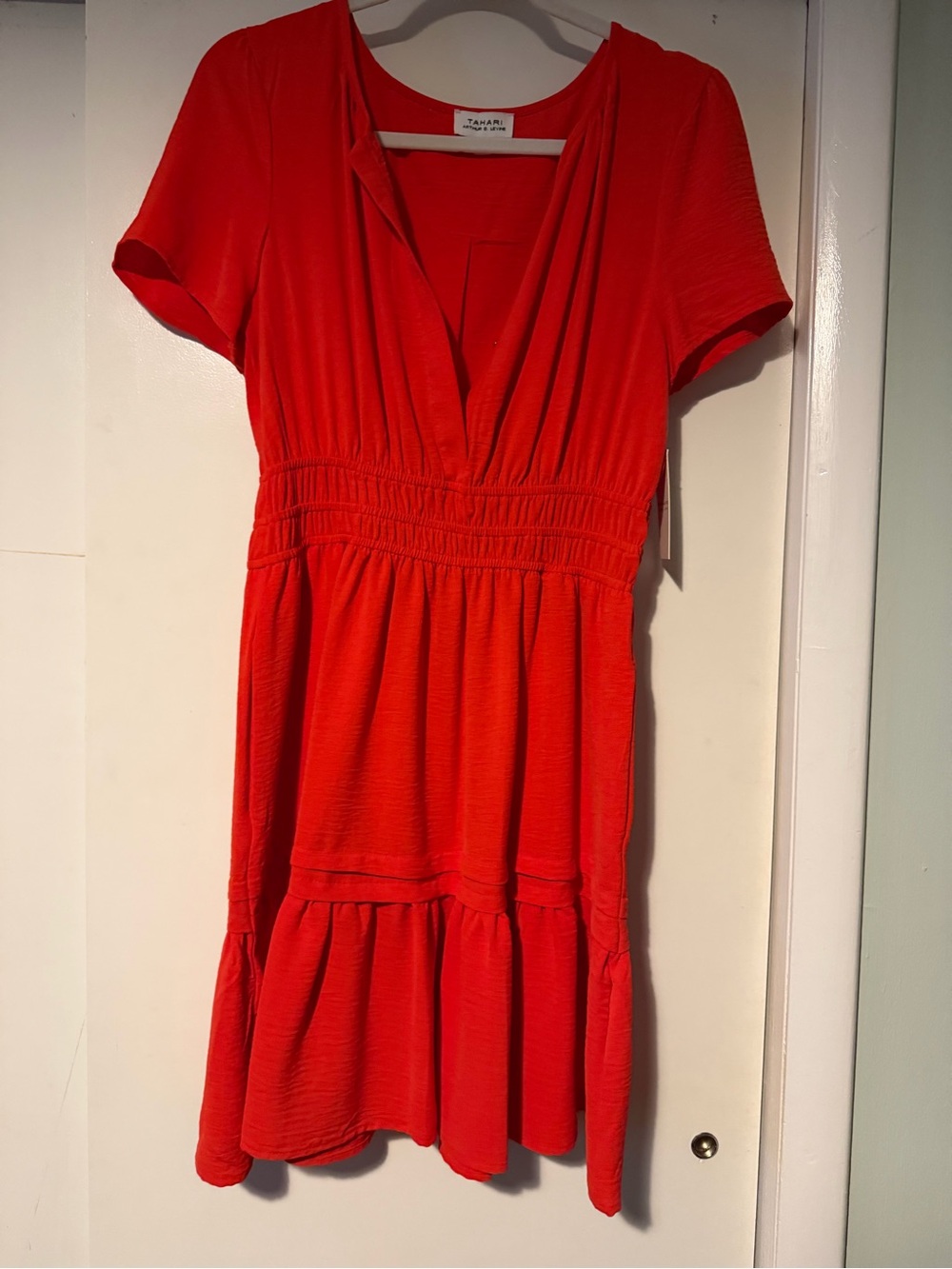 Tahari Women’s Bright Red Short Sleeve Tiered Dress